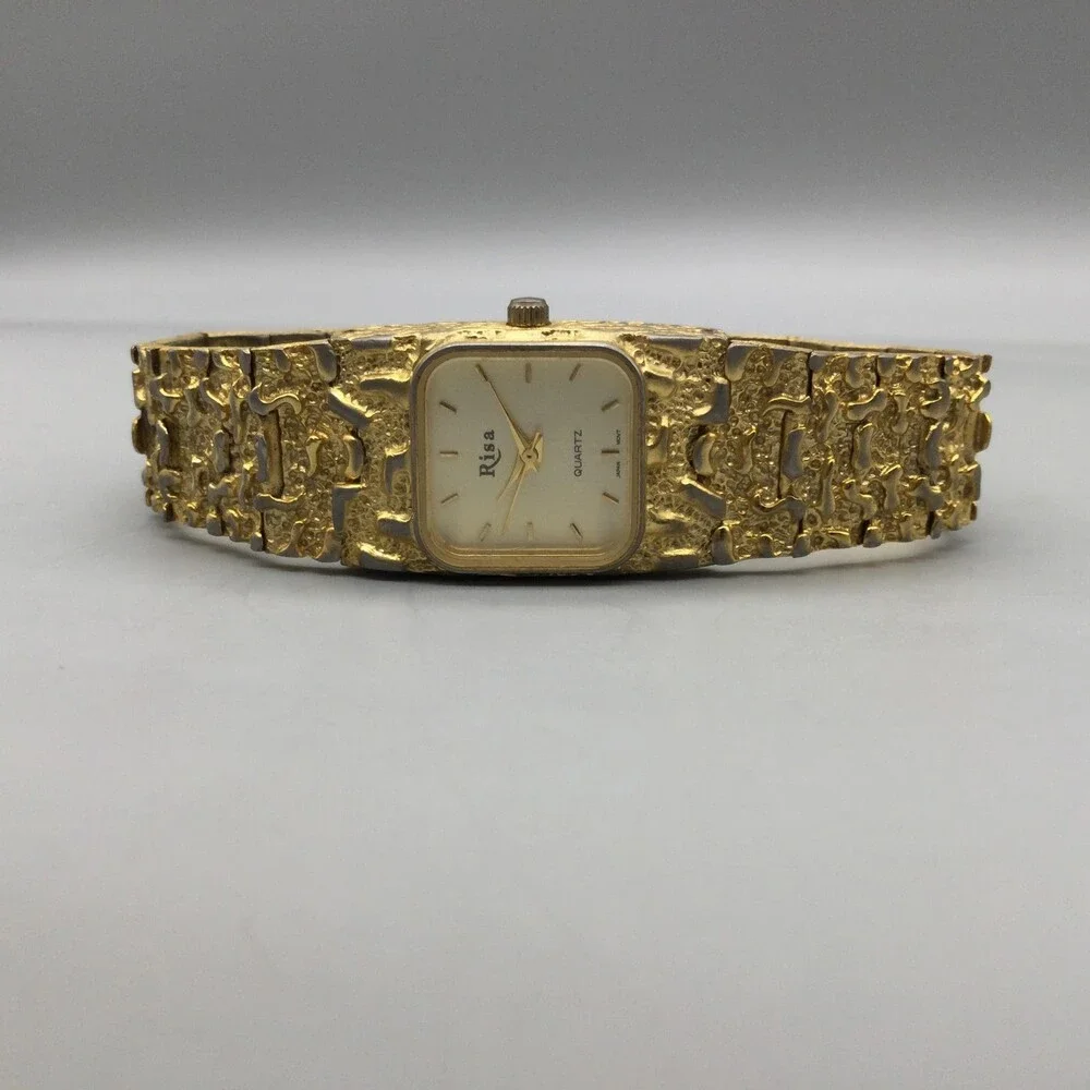 Vintage Risa Women Watch 21mm Gold Tone Nugget Texture Bracelet New Battery 7.5